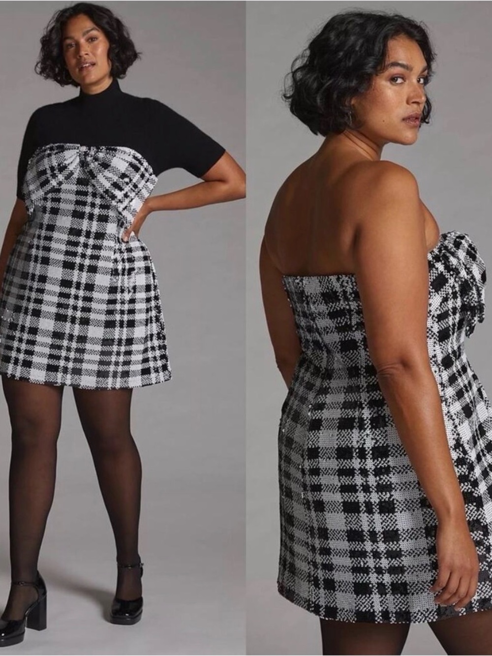 Eva Franco Black & White Sequin Plaid Strapless Mini Dress - Size 16